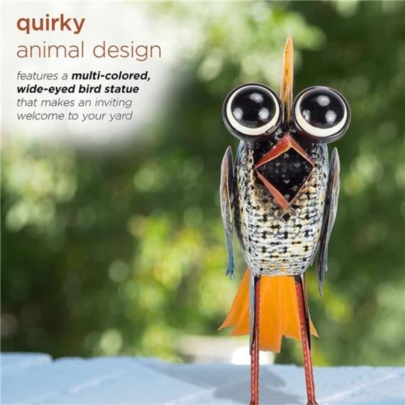 11" Tall Metal Wide-Eyed Bird Standing Yard Statue Decoration,Multicolor Outdoor - Picture 5 of 6